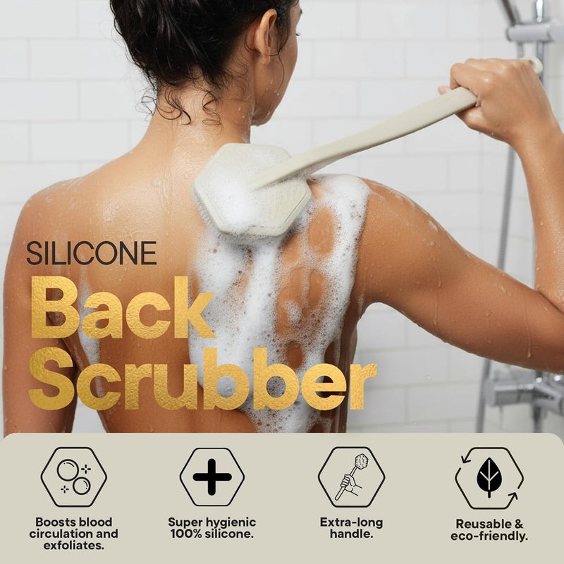 TOOLETRIES Silicone Back Scrubber - Exfoliating Shower Brush, Back Washer for Men, Durable Back Brush with Long Handle - Long Lasting Bath & Shower Accessories - Sand - Image 3